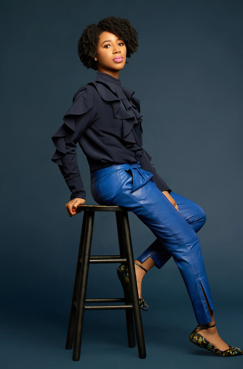 model wearing blue SESS RAY leather pants